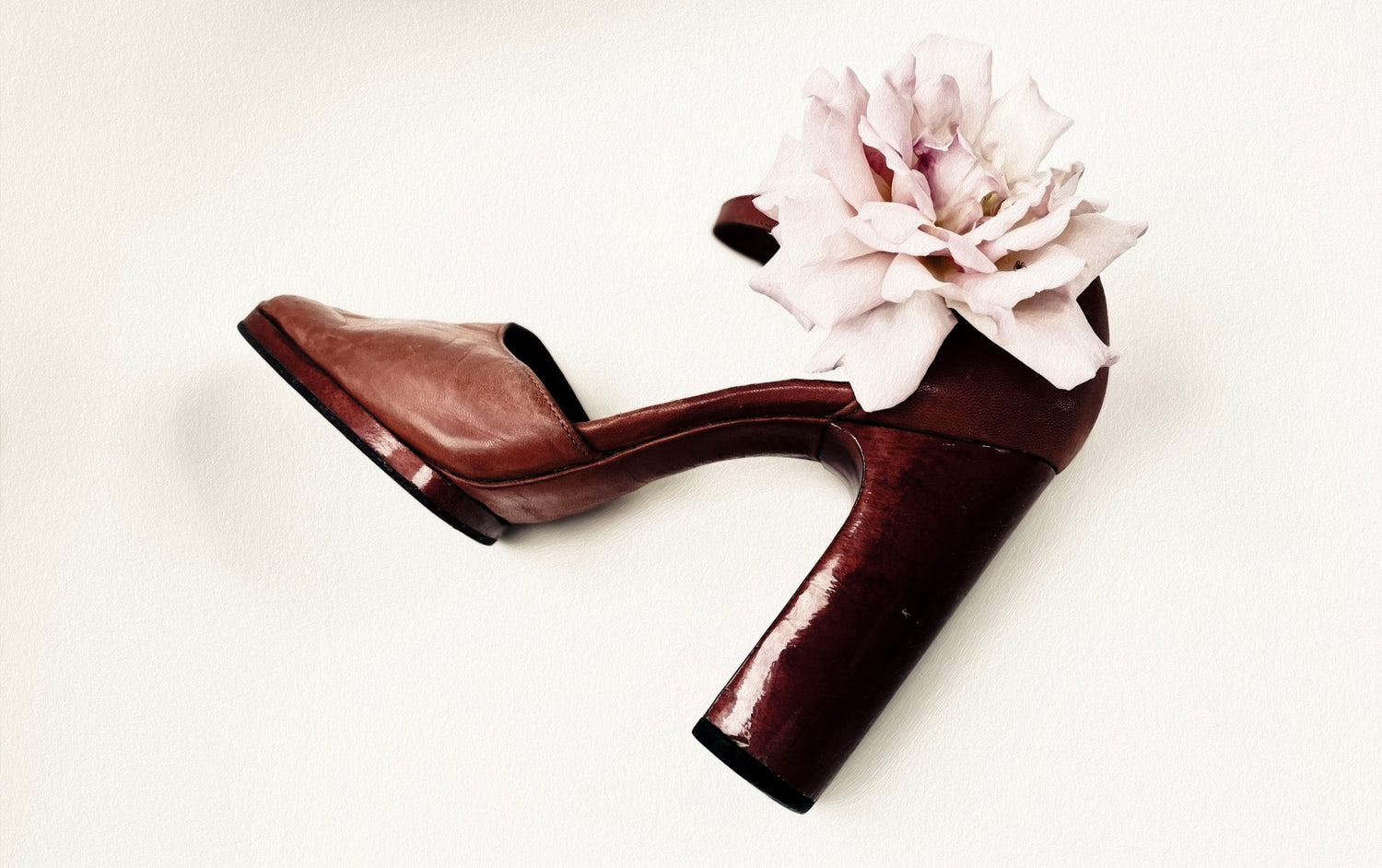 Brown high-heeled shoes with a pale pink rose on a light background