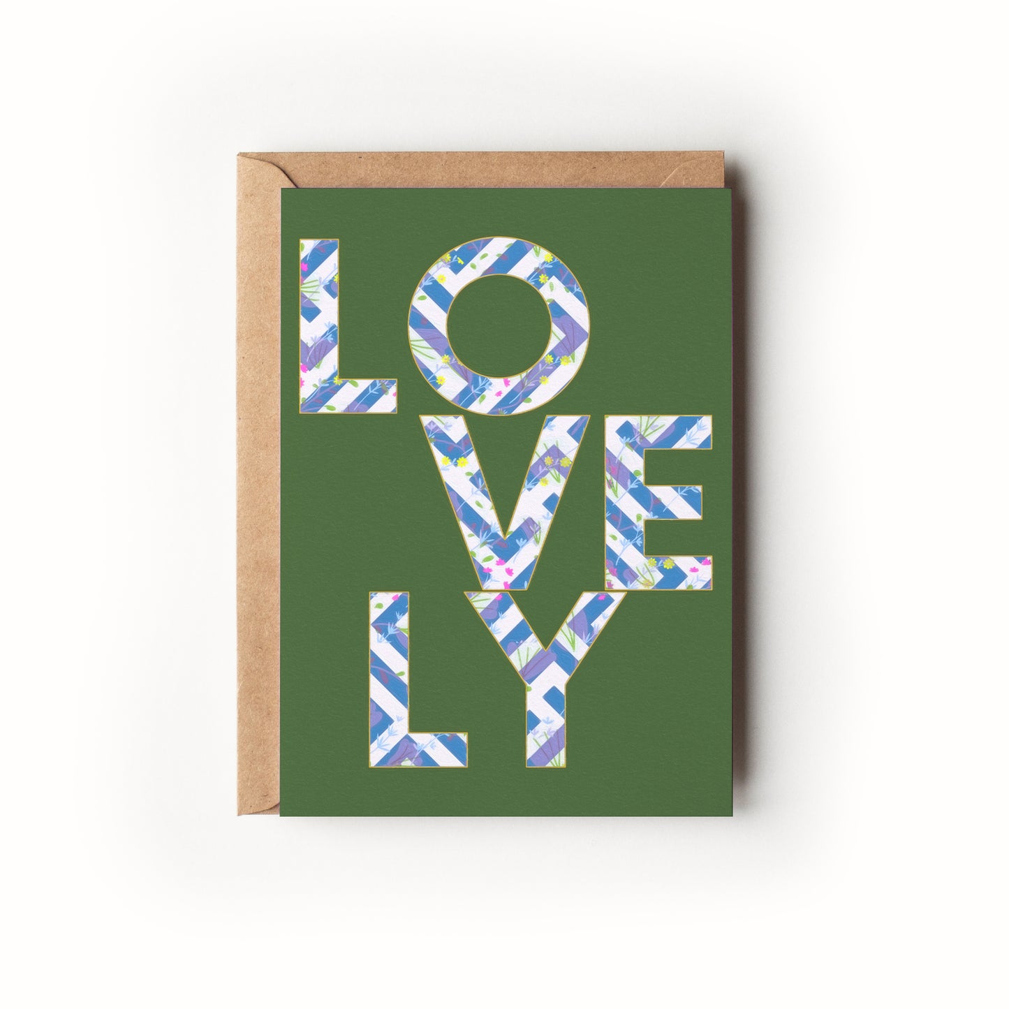Greeting card with 'LOVELY' text on a green background