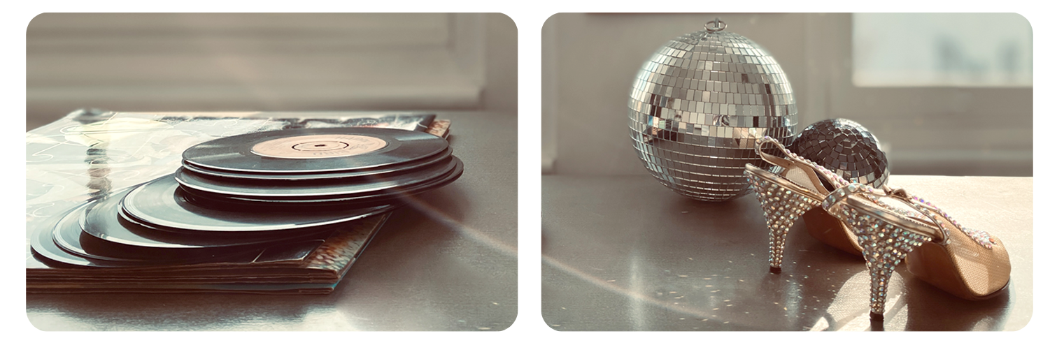 Vintage 7" records, Disco Balls and Vintage heels inspire a retro playlist