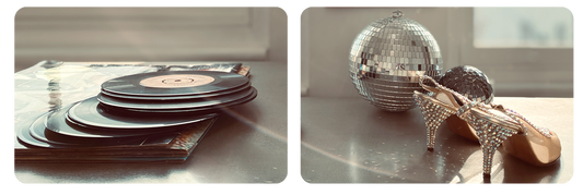 Vintage 7" records, Disco Balls and Vintage heels inspire a retro playlist