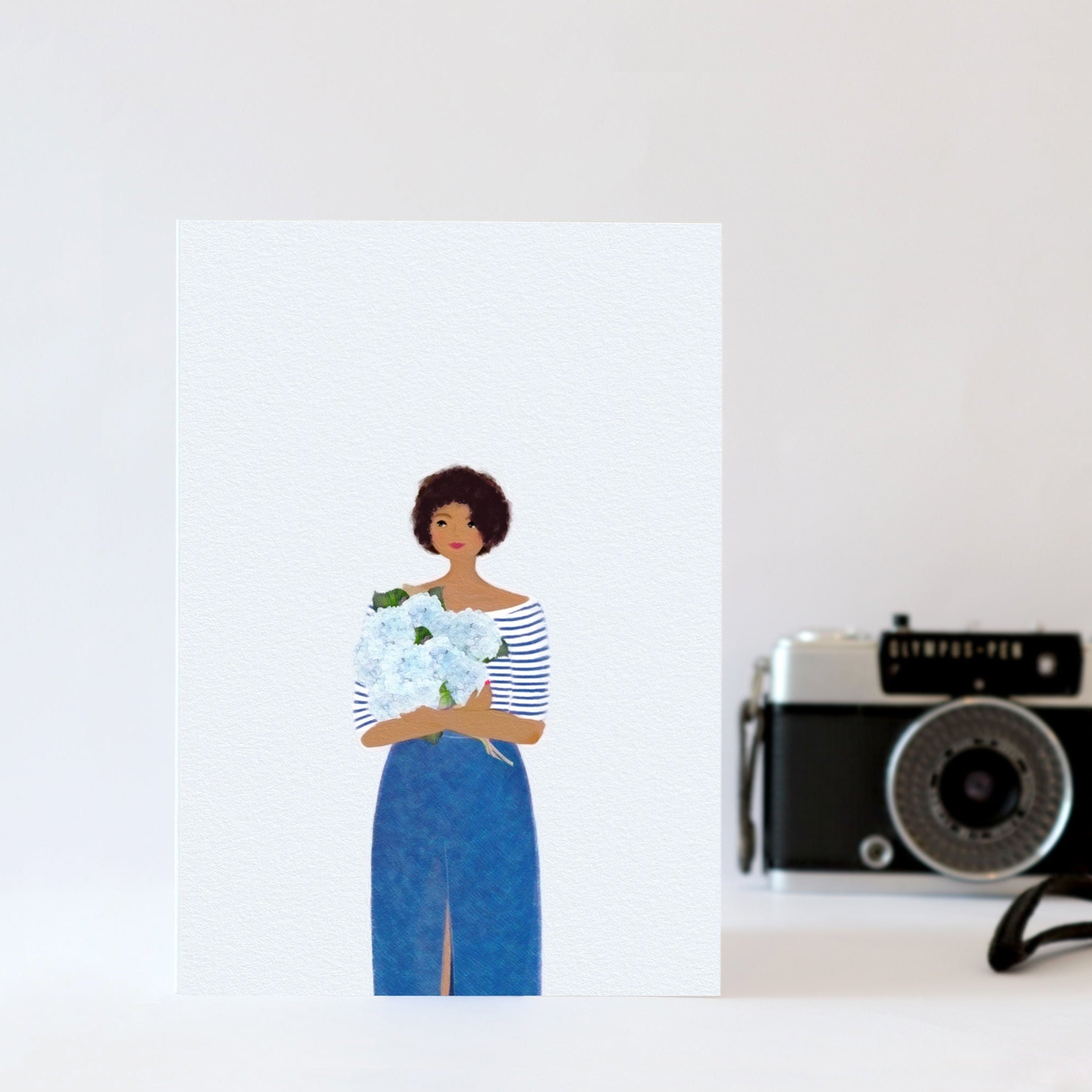 Illustration of a woman holding flowers with a vintage camera on a white background