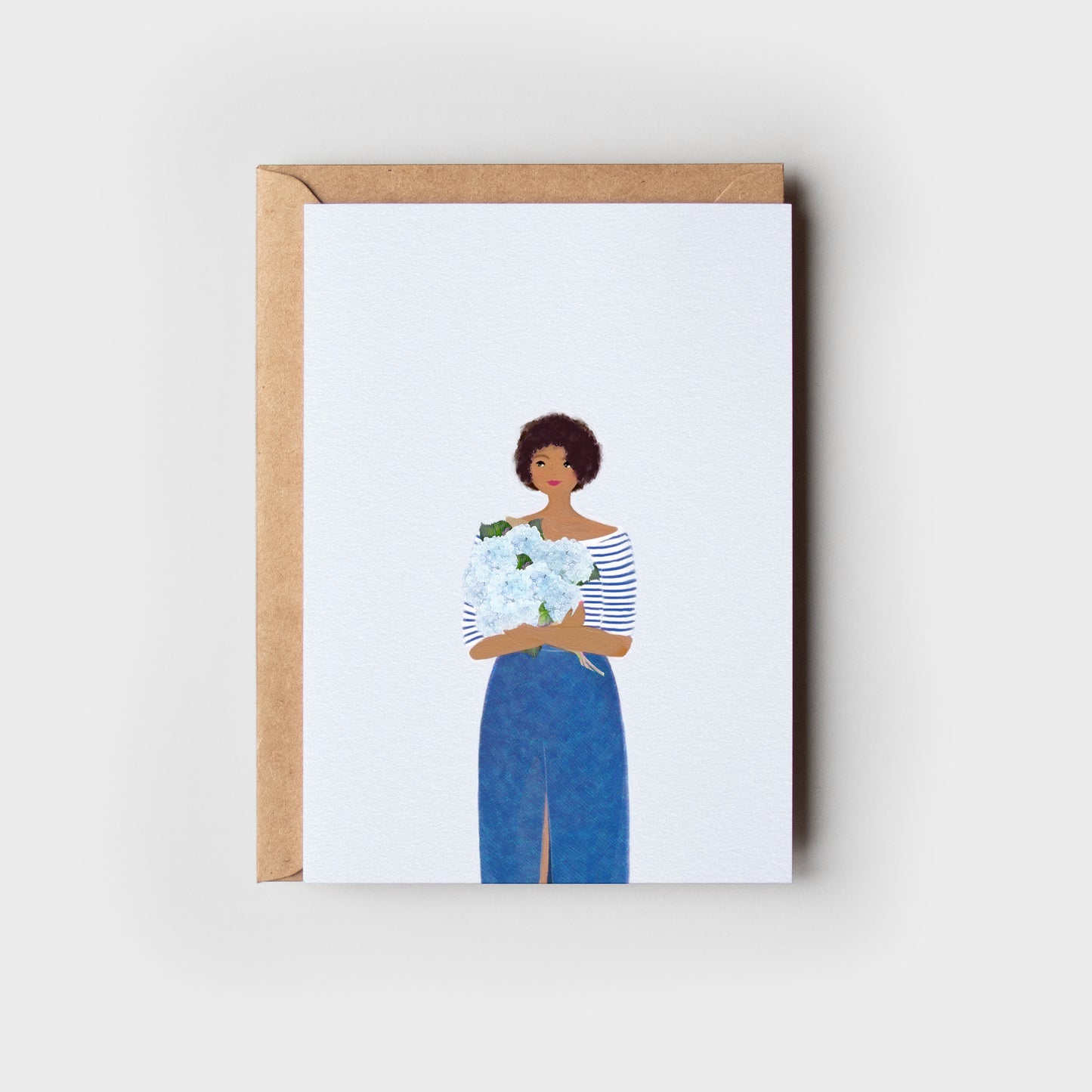 Greeting card with illustration of a woman holding flowers, on a white background