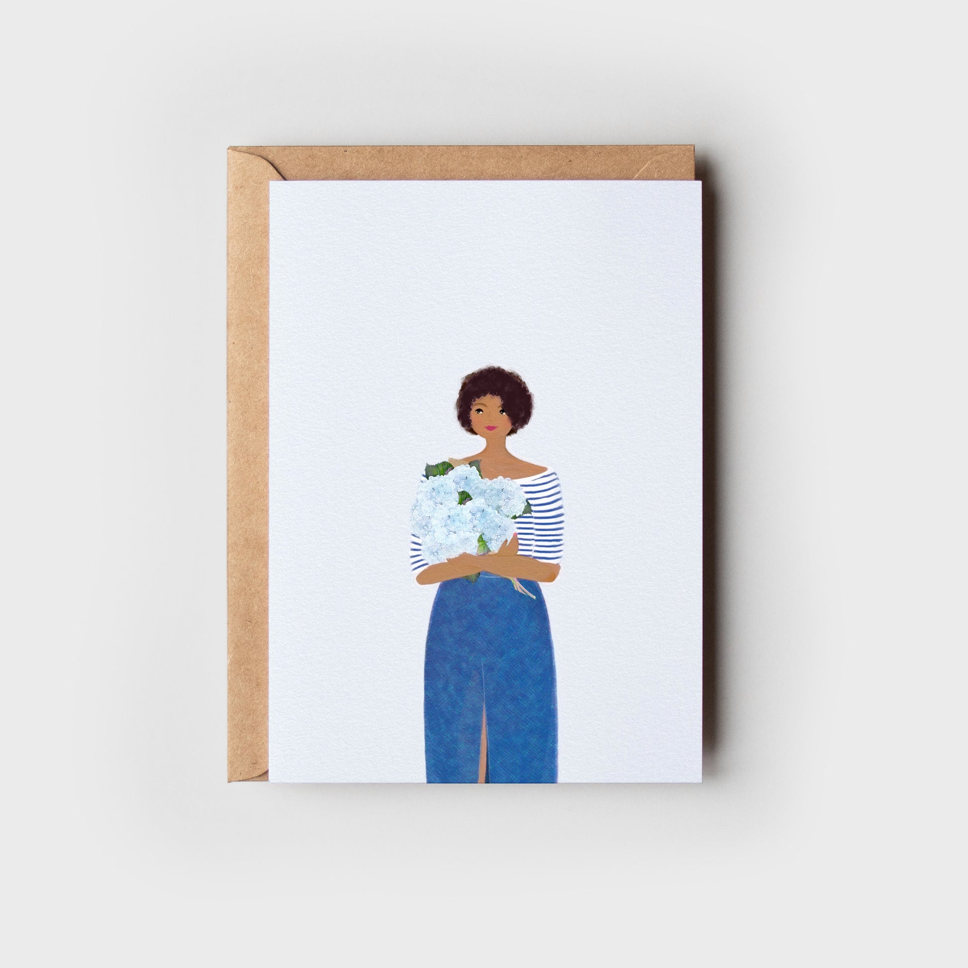 Greeting card with illustration of a woman holding flowers, on a white background