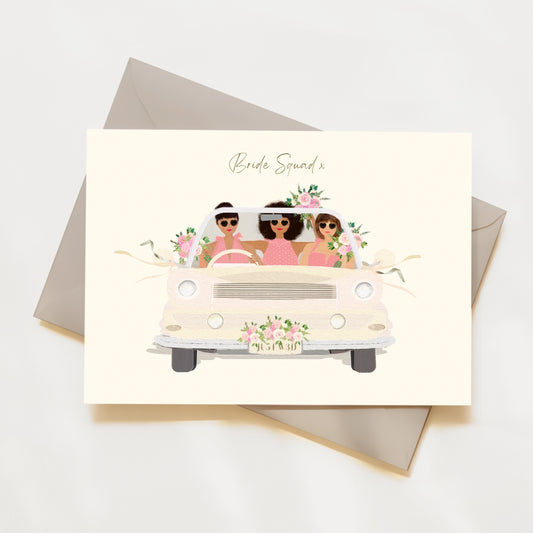 Card with illustration of three women in a car, labeled 'Bride Squad', on a white background.