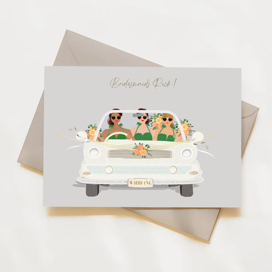 Greeting card with illustration of three women in a convertible car.