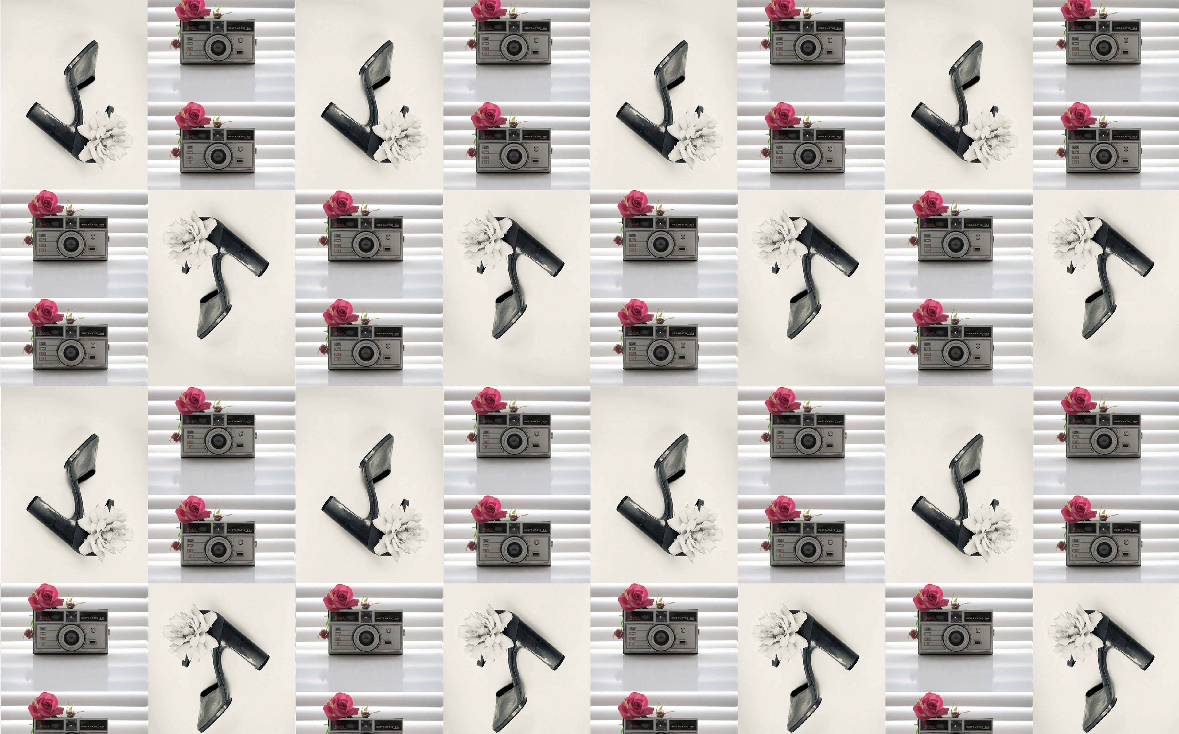 Pattern of black and white vintage shoes and camera with red roses on a white background