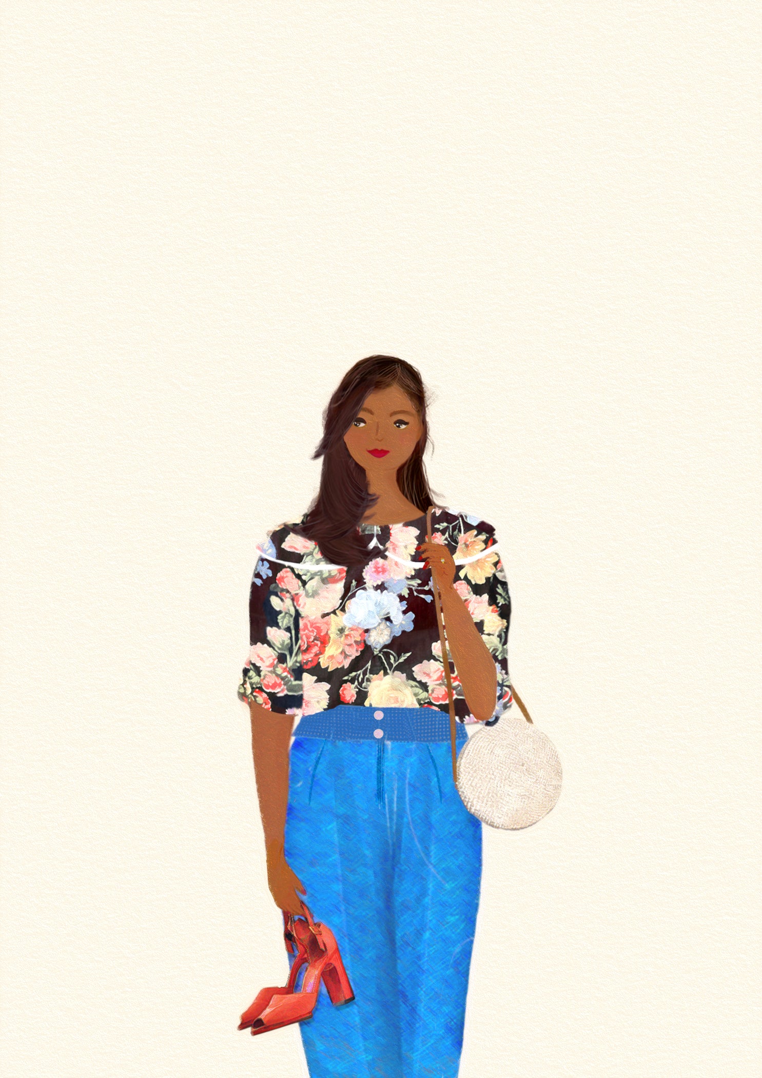 Illustration of a woman wearing a floral top and blue jeans on a white background