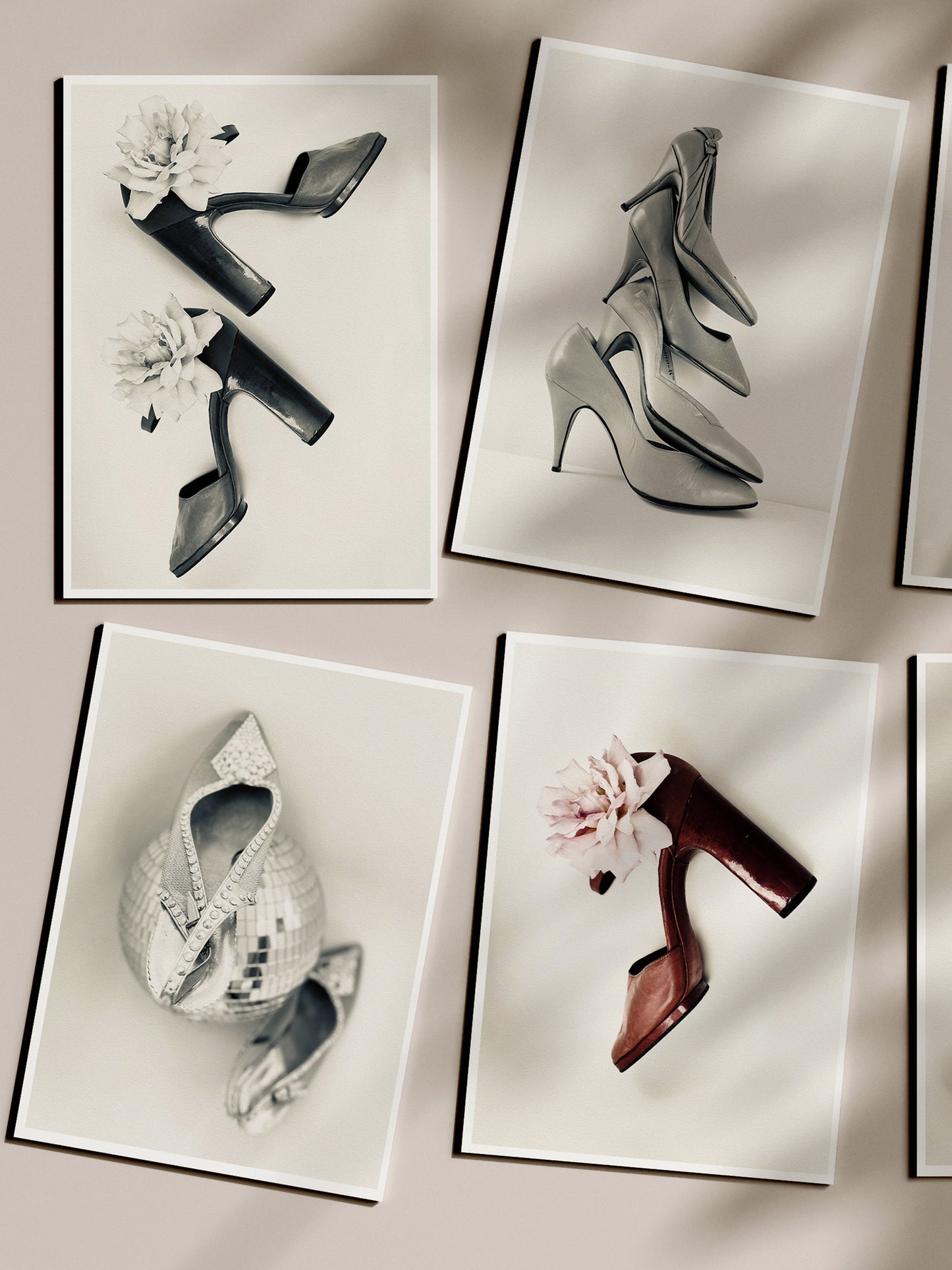 Set of photographed high-heeled shoes displayed on a neutral background