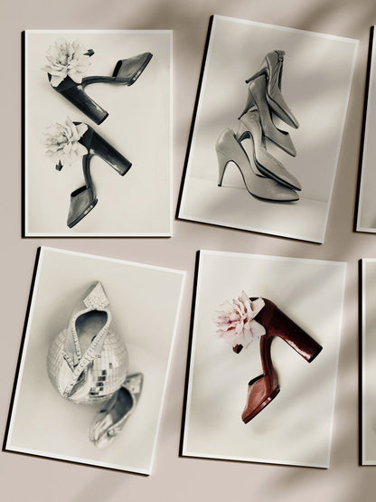 Set of photographed high-heeled shoes displayed on a neutral background