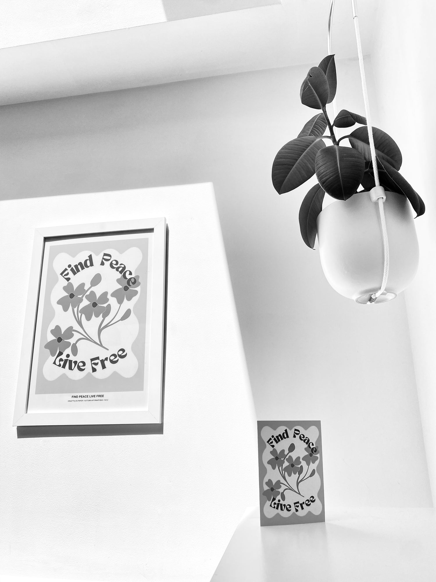 Framed artwork with 'Find Peace, Live Free' text and floral design on a white surface.