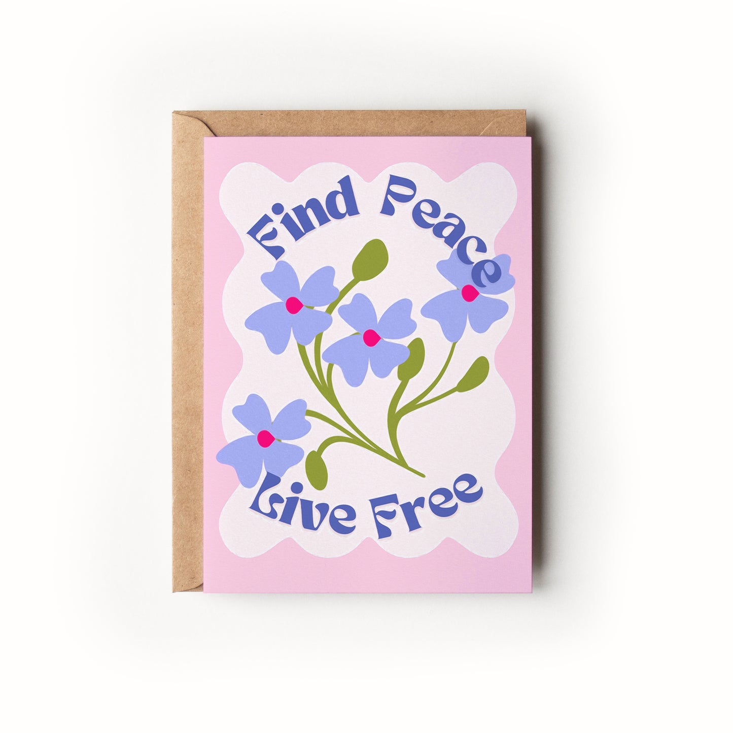 Card with floral design and text 'Find Peace Live Free' on a pink background