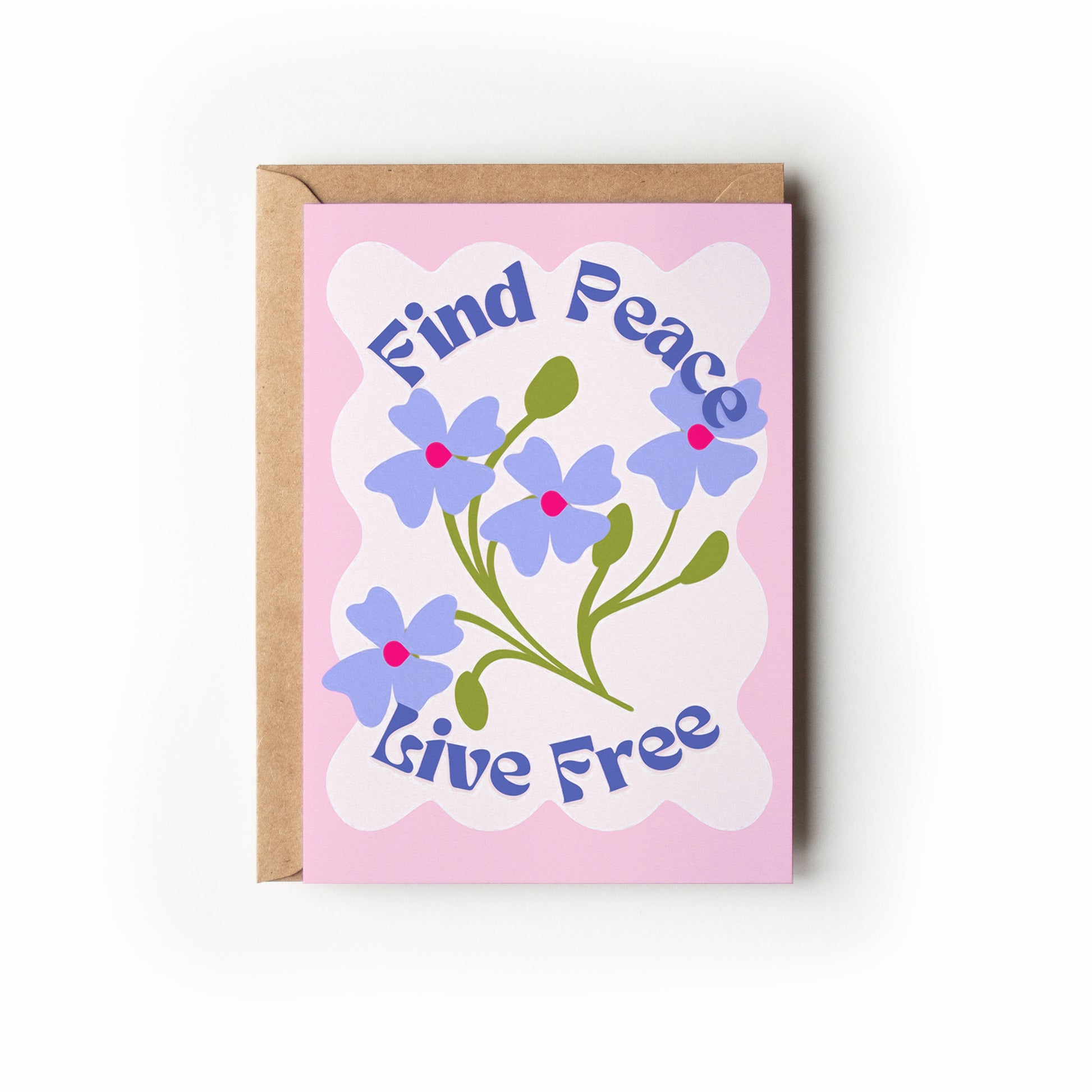 Card with floral design and text 'Find Peace Live Free' on a pink background