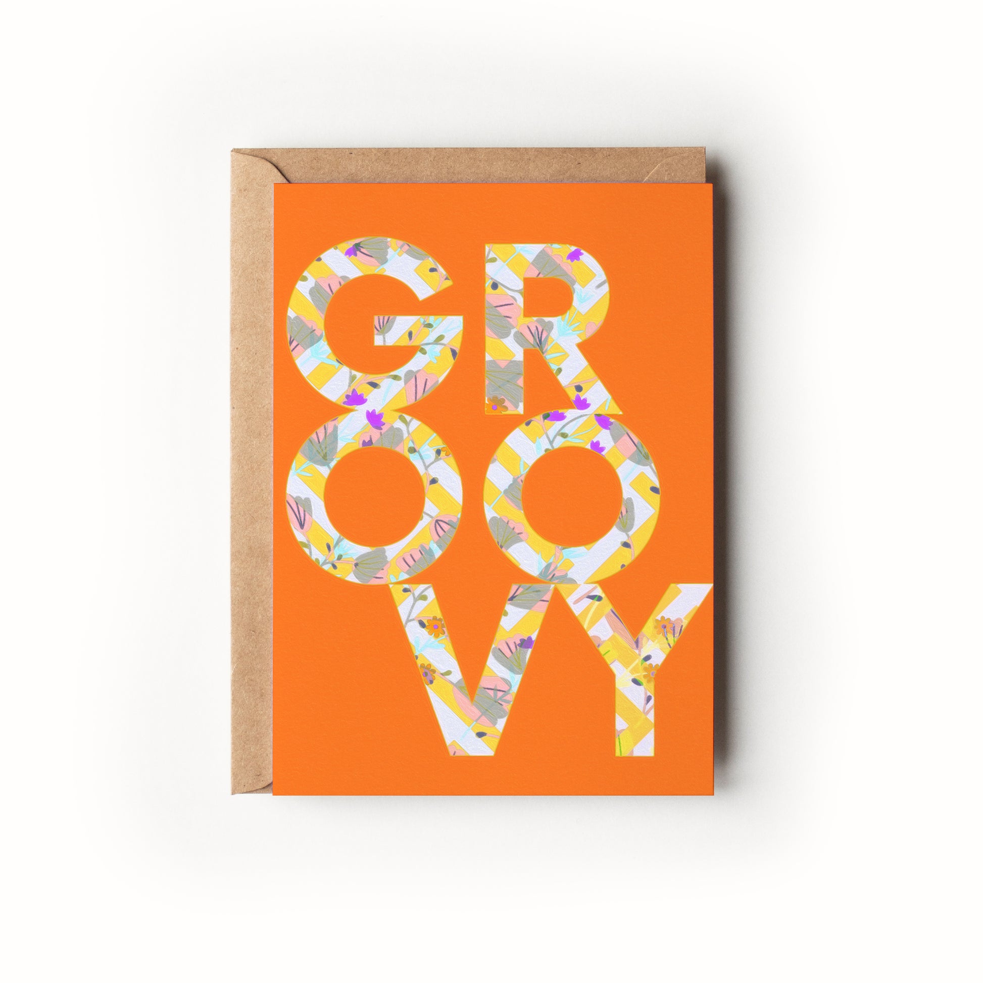 Greeting card with 'GROOVY' on an orange background
