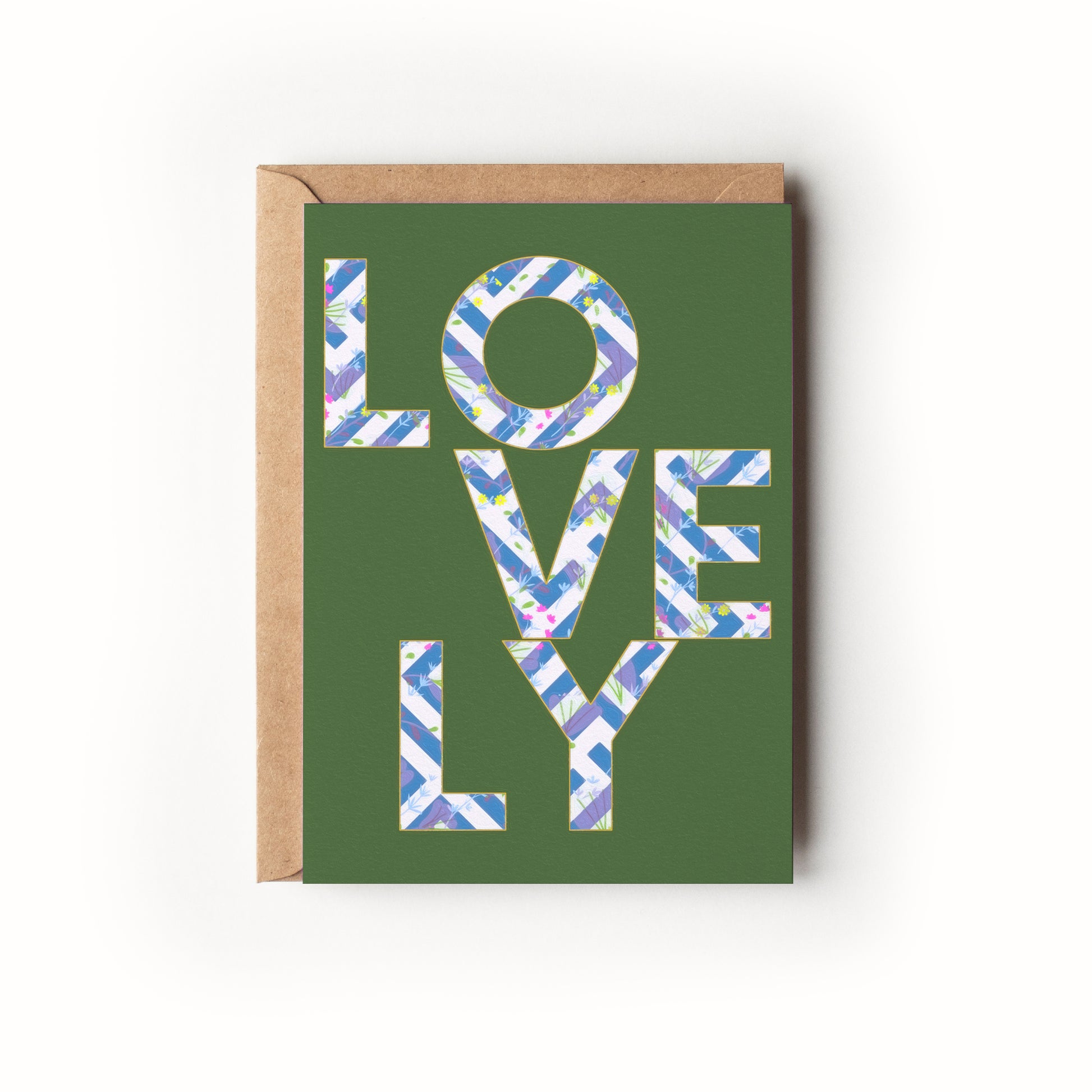 Greeting card with 'LOVELY' text on a green background