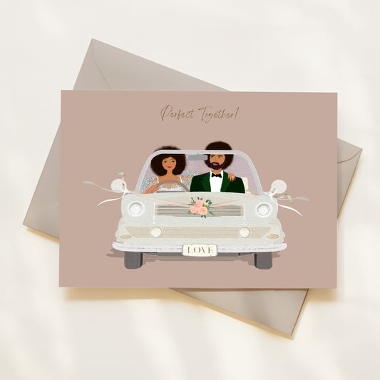 Greeting card with illustration of a couple in a car, text 'Perfect Together!', on a beige background.