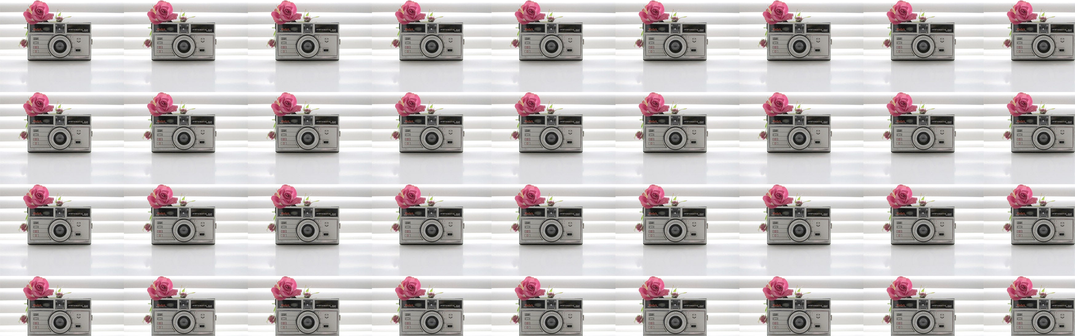 Pattern of vintage cameras with pink flowers on a white background