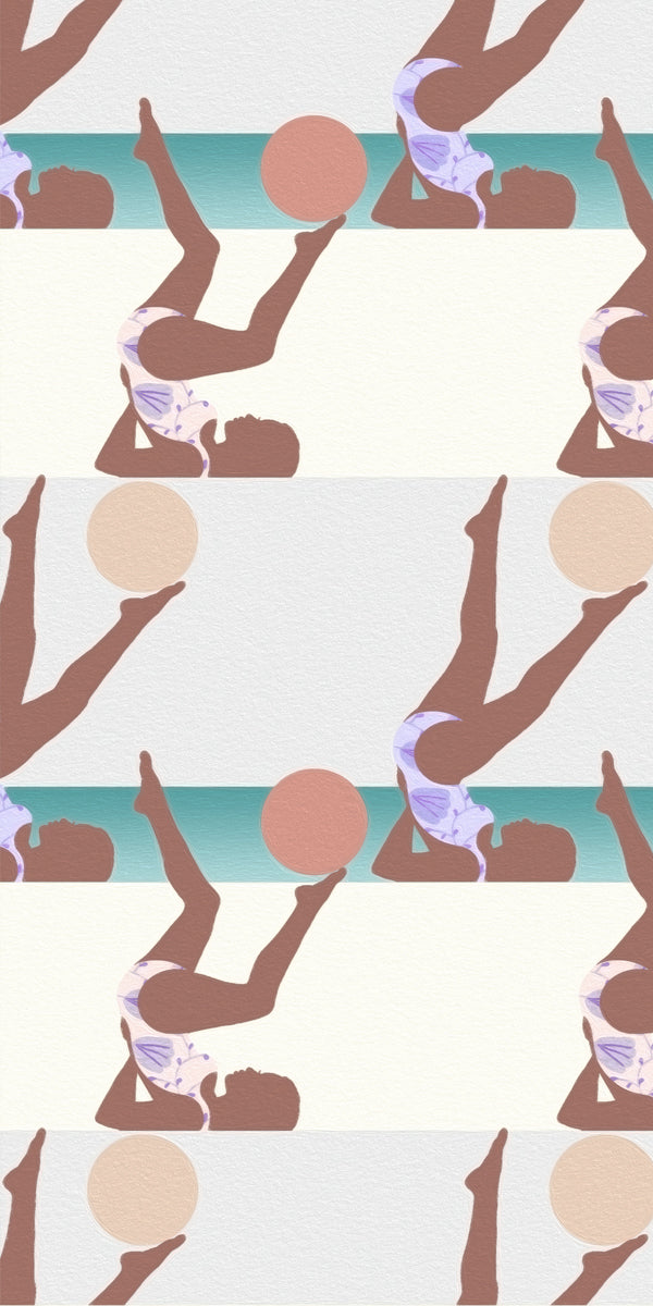 Repeating pattern of a woman in a swimsuit holding a beach ball on a beach background