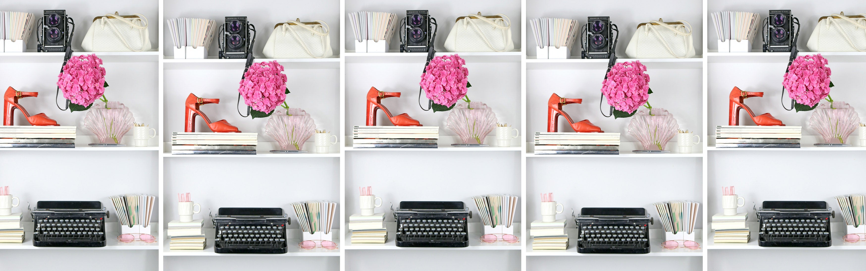 Collage of shelves with decorative items including shoes, typewriters, and flowers on a white background