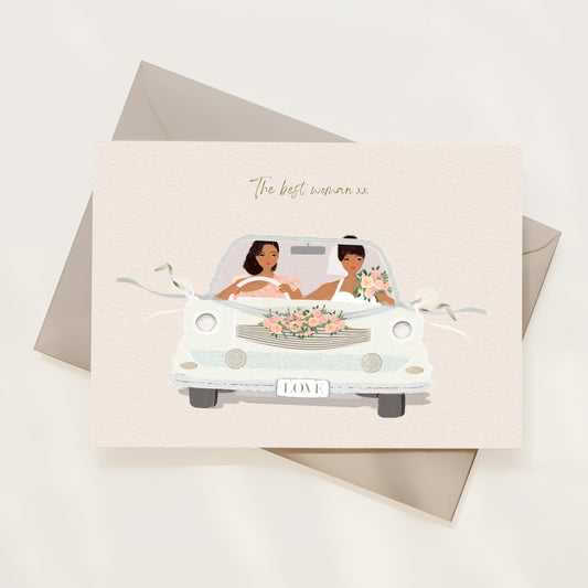 Greeting card with illustration of a wedding car and two women, featuring the text 'The best woman'.