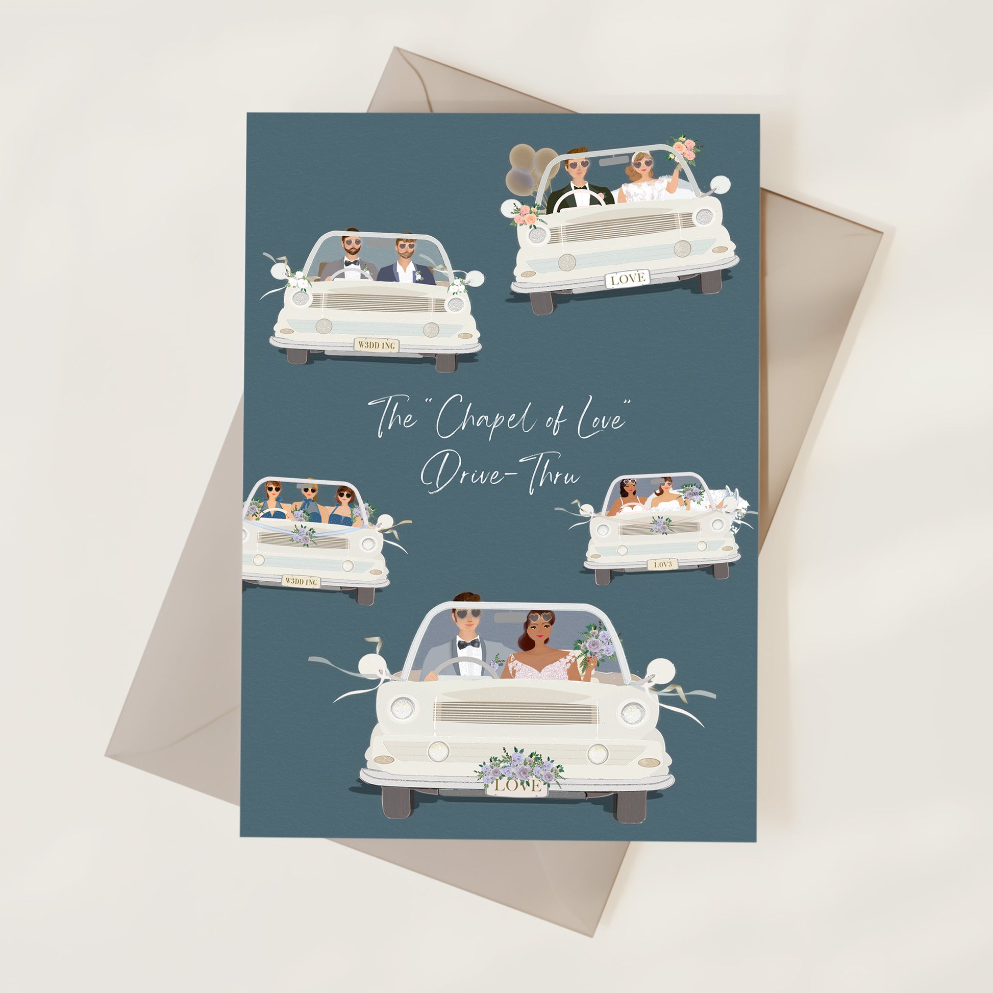 Wedding-themed card with couples in cars and 'Chapel of Love Drive-Thru' text on a blue background