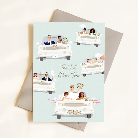 Greeting card with illustrations of different wedding parties in cars on a light blue background