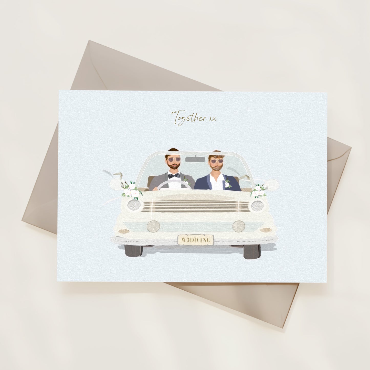 Greeting card with illustration of two grooms in a car, text 'Together' on a white background.