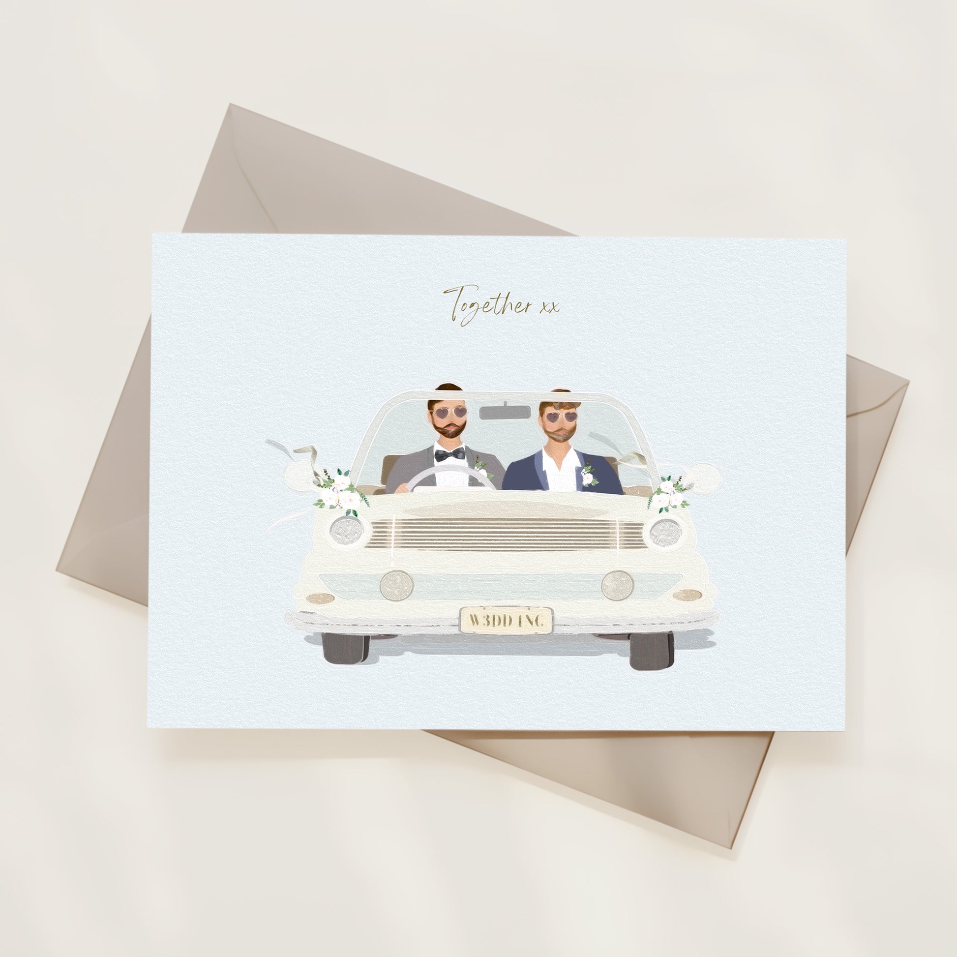 Greeting card with illustration of two grooms in a car, text 'Together' on a white background.