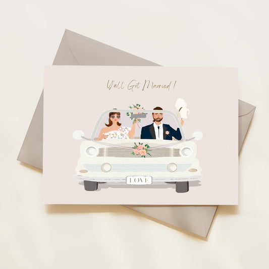 Wedding card with illustration of a couple in a car, groom waves a cowboy hat.