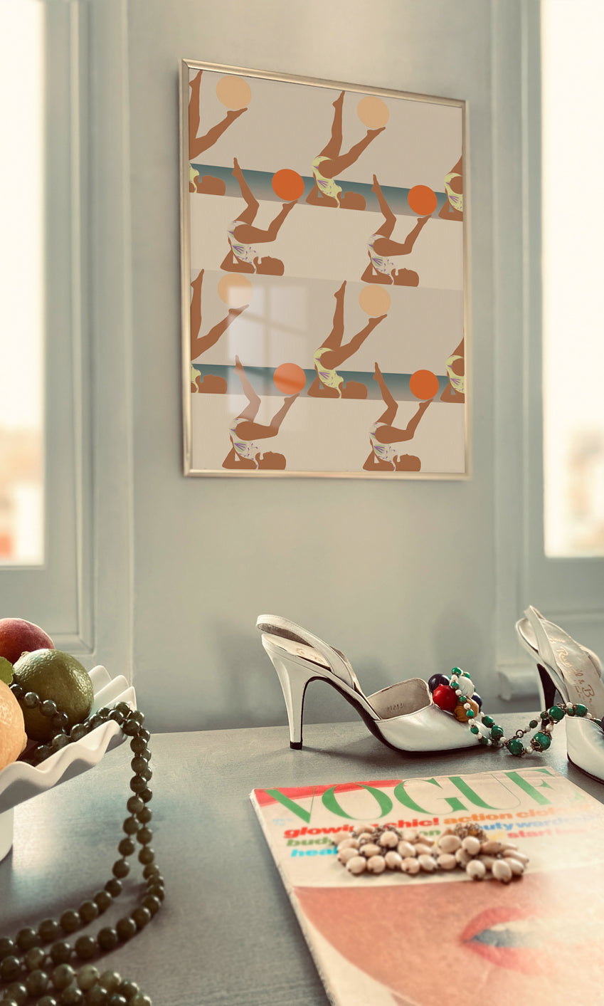 Decorative setting with a colorful abstract painting, high heels, and a magazine on a surface.